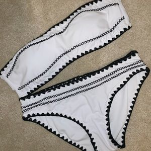 Black and White Embroidered Strapless Bikini
